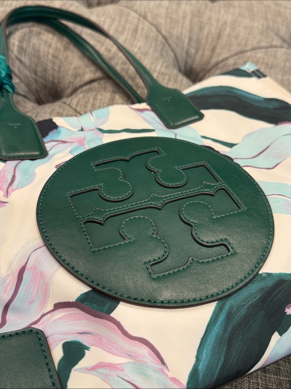 Tory Burch Bag Small Ella Limited Edition Floral Tote with Green Leather Trim - Picture 16 of 17
